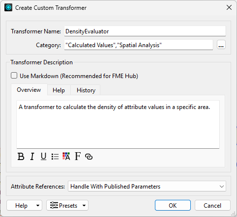 The filled out Create Custom Transformer dialog